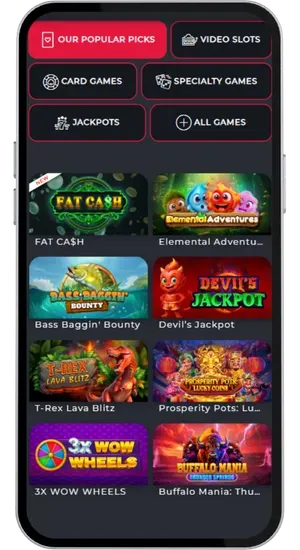 Browsing 200+ RTG slots, table games and video poker titles using the left-side category filter menu