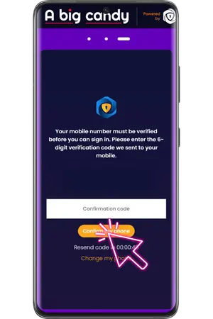 Confirming phone number by SMS at A Big Candy no deposit